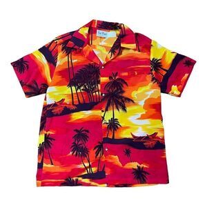 Vtg Rai Nani Hawaiian Shirt All Over Print Button Up Pocket Red Orange Sunset L